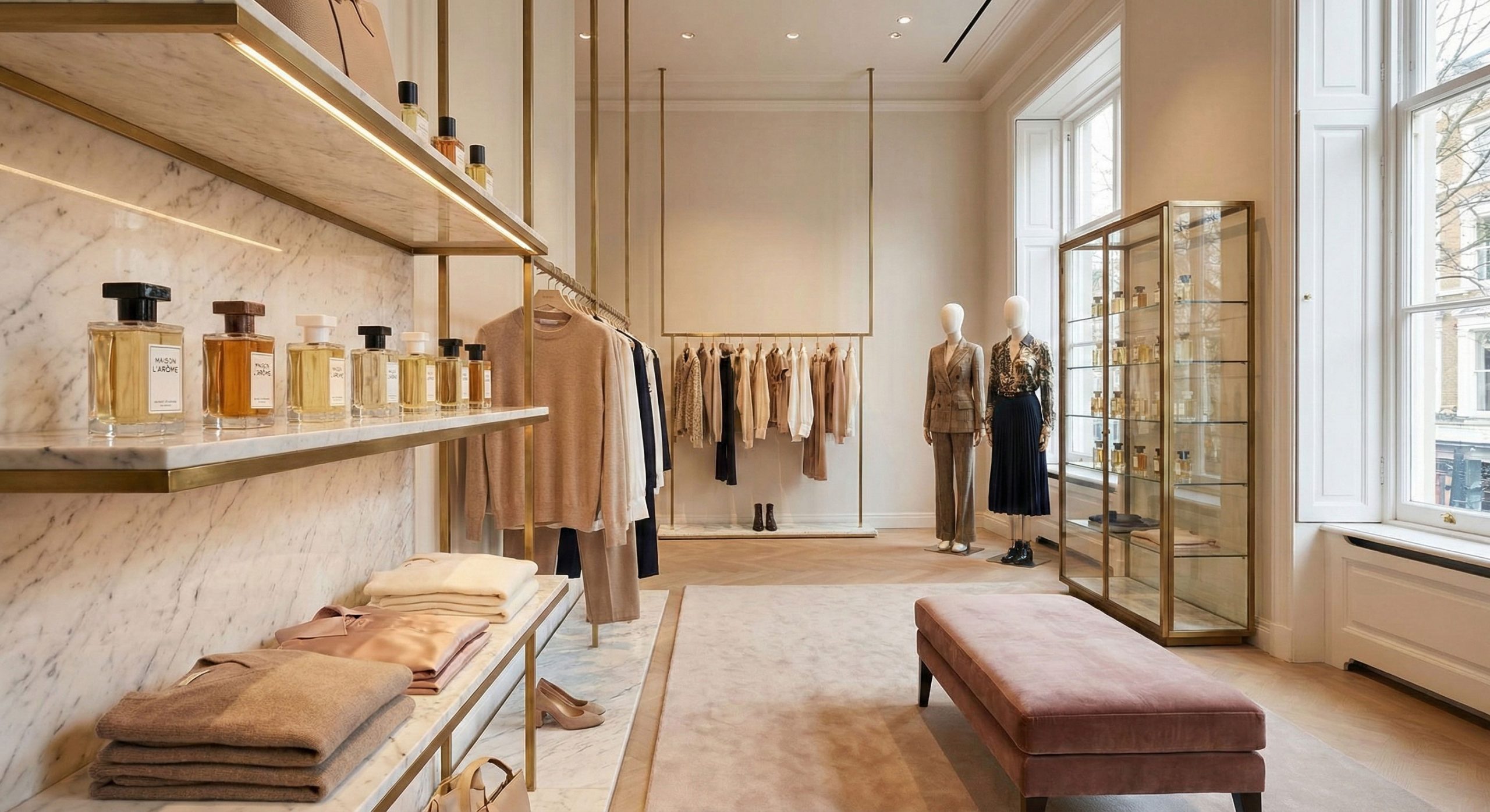 Exhibidor elegante de perfumes y ropa organizada